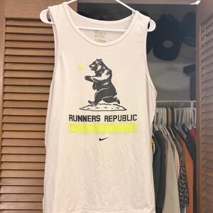 Nike White Tank Top with Black Bear Graphic and Neon Yellow Accents